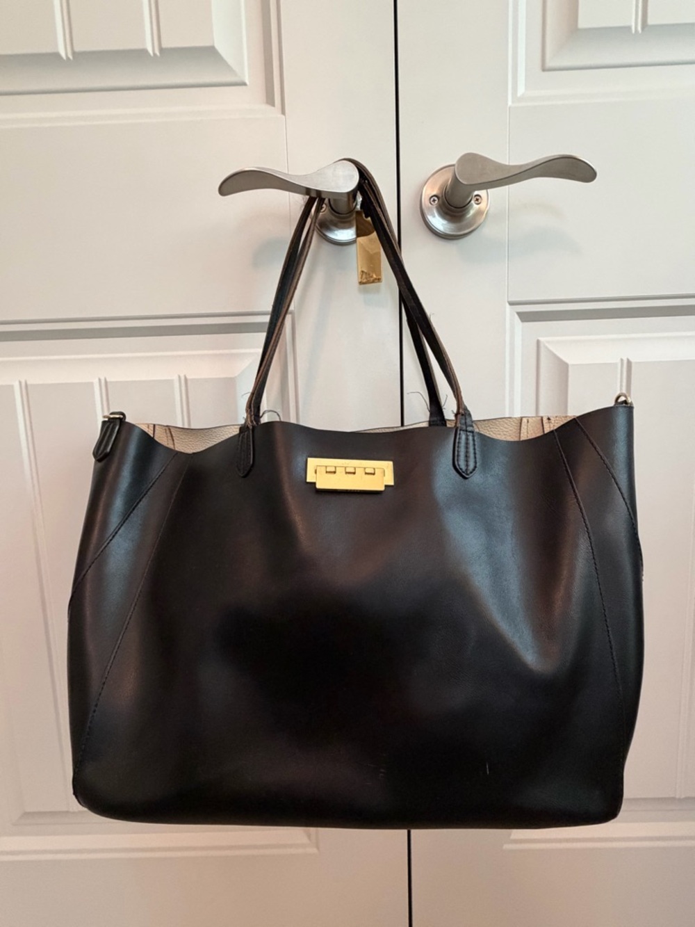 Zac Posen Eartha Everyday Shopper Leather Tote Bag Purse Black Top Double Handle
